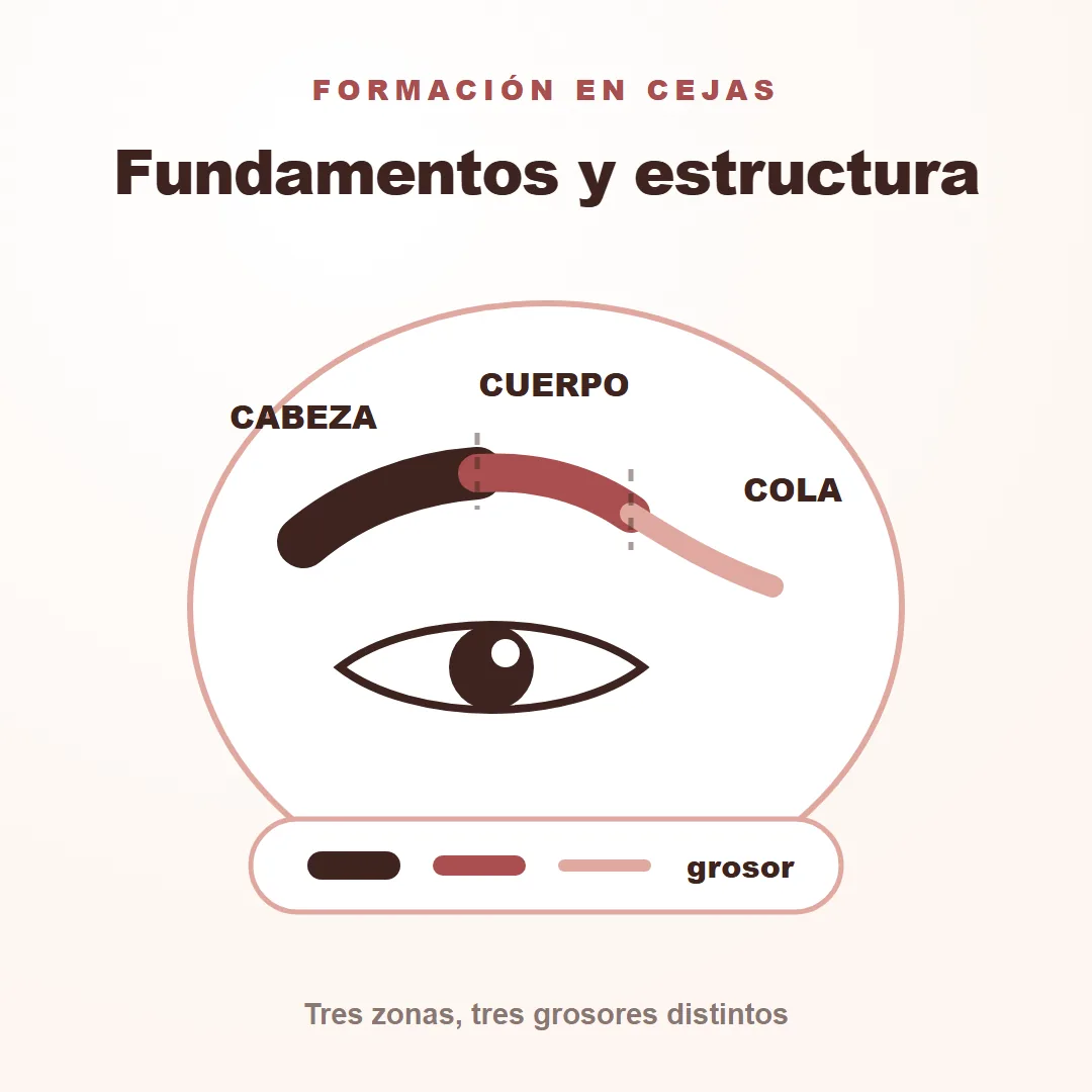 IMAGEN: fundamentos y estructura de la ceja sobre un rostro — tarjeta 1/9, foto real del trabajo, nunca una tapa