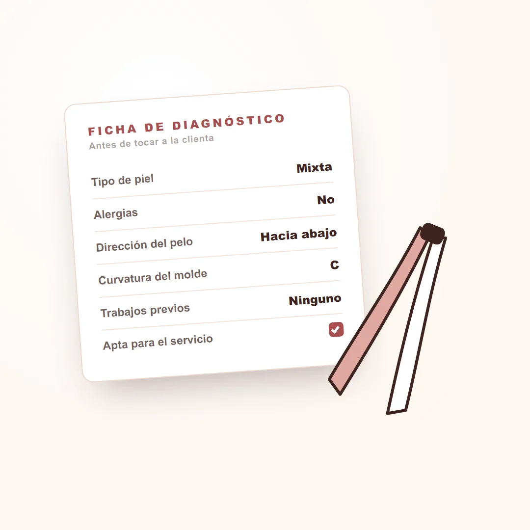 IMAGEN: la ficha de diagnóstico previo apoyada junto al kit — tarjeta 7/9, foto real del trabajo, nunca una tapa